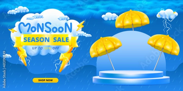 Fototapeta Monsoon season banner sale with podium design with 3d clouds lightning yellow umbrellas