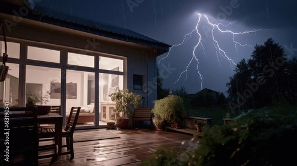 Fototapeta a thunderstorm with lightning from home. Generative AI