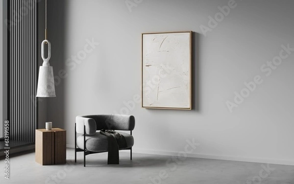 Fototapeta 3d rendering of modern living room with armchair with blanket. Chandelier modern minimalist lamp cement. Decor plaster light, eco design. Beige abstract wave texture images art on wall. Frame mockup