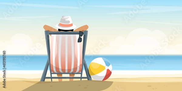 Obraz Human rest over sun lounger with plastic ball on sand beach, Digital marketing illustration.