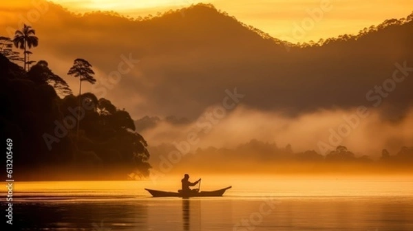 Fototapeta Silhouette of a man in a boat on the lake at sunrise., Generative AI