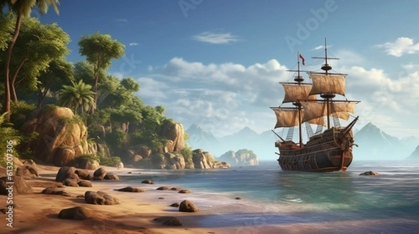 Obraz a ship on a beach. Generative AI Art.