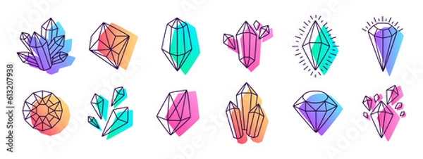 Fototapeta Crystal gemstones. Hand drawn colorful gems, line art crystals flat vector illustration set
