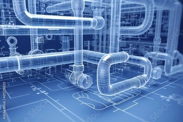 Obraz White plumbing pipes and connections blueprint on blue background Generative AI