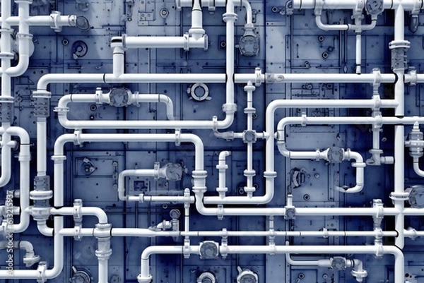 Fototapeta White plumbing pipes and connections blueprint on blue background Generative AI