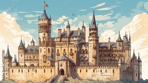Obraz Illustration of a medieval castle with Gothic architecture Generative AI