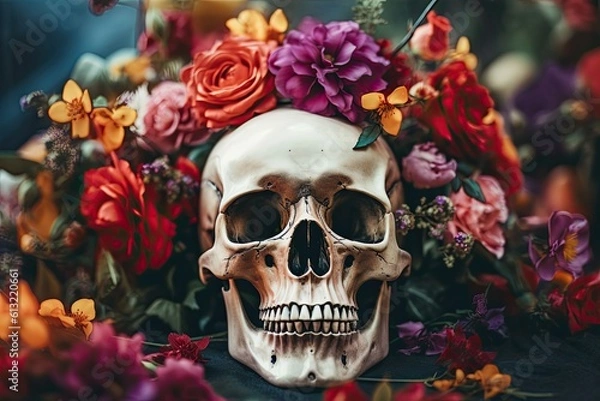 Fototapeta Celebrating the Day of the Dead: A Mexican Culture Party Decorated with Skulls and Flowers. Generative AI