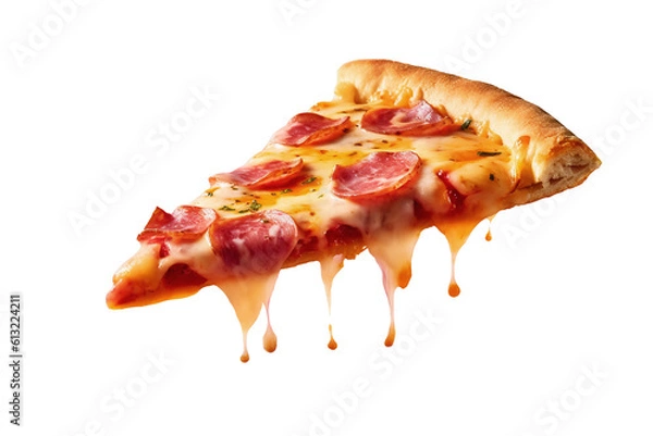 Fototapeta A hot pizza slice with dripping melted cheese. Isolated on white background. generative ai