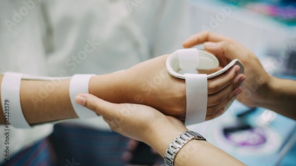 Fototapeta Therapist making asissistive device for immobilize patient hand. Splint service for hand injury rehabilitation of occupational therapy clinic.