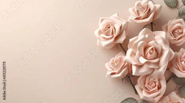 Obraz A beautiful bouquet of pink roses on a neutral beige background. Generative ai