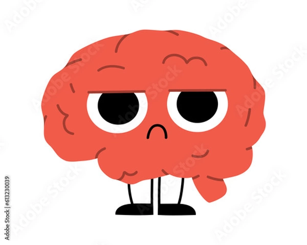 Fototapeta Hand drawn cute illustration human brain with dissatisfied face. Flat vector organ, intellect symbol character in colored doodle style. Mental health, negative thoughts sticker, icon. Isolated.