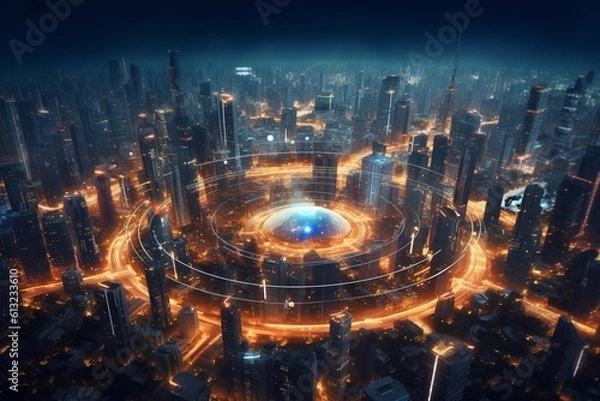 Fototapeta Futuristic Digital City: Illustrating Concept of Smart Cities and Use of Technology to Improve Urban Life generative AI