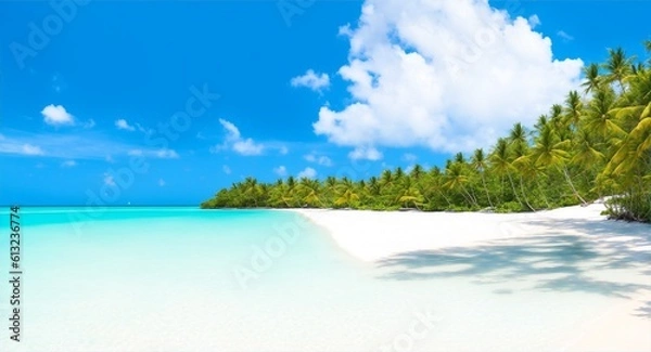 Obraz A tropical beach paradise with crystal clear waters and white sand, generative ai