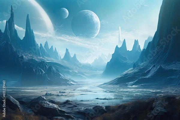 Fototapeta Spectacular Blue Extraterrestrial Landscape - Midjourney AI Prompt