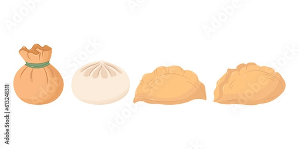 Fototapeta Set with Chinese dumplings dim sum, wonton and jiaozi flat vector isolated in white background. 