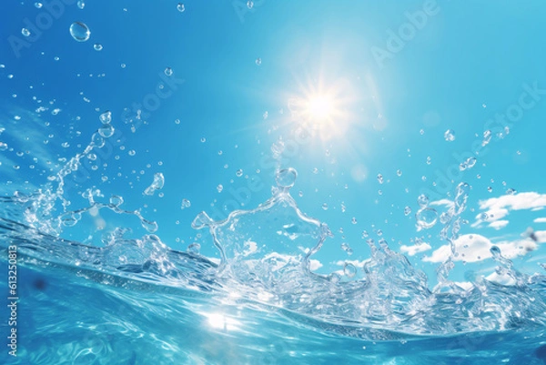 Fototapeta Splash of water against summer blue sky and sun background, Generative AI 