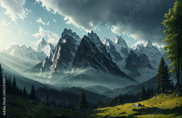 Obraz Artwork of a beautiful mountain landscape, Generative AI
