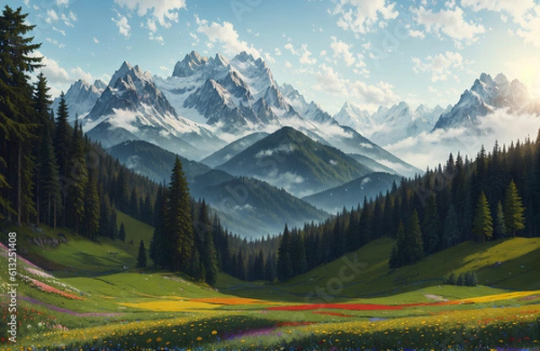 Obraz Artwork of a beautiful mountain landscape, Generative AI