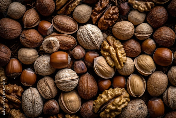 Fototapeta Generative AI - Background formed with different kinds of nuts