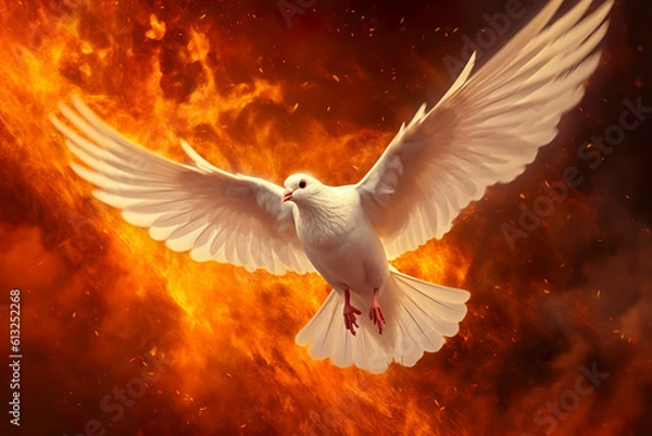 Fototapeta Pentecost Sunday. Flying white dove in fire background. Symbol of the Holy Spirit descent upon the Apostles and other followers of Jesus. Generative AI
