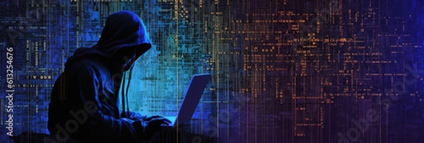 Fototapeta Hacker mit Kapuze, dunkles Web Internet Banner mit Lichteffekt, Generative AI