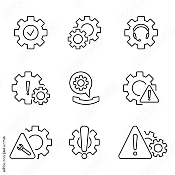 Fototapeta Technical warning set icon. Program settings issue. Device configuration problem. Editable stroke