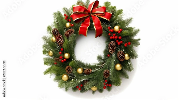 Fototapeta Festive Christmas wreath, decoration of fur tree, baubles, Christmas ribbon with bumps white background postcard with copy space Christmas gift, AI-Generated