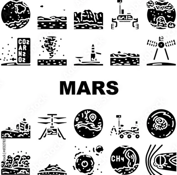 Fototapeta mars planet science space cosmos icons set vector. universe mars, galaxy astronomy, star sky, surface exploration, landscape red cosmic mars planet science space cosmos glyph pictogram Illustrations