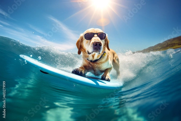 Fototapeta Labrador Golden Retriever wearing sunglasses while riding surfboard. Visual for surfboard advertisement. Summer vacation. Generative Ai content