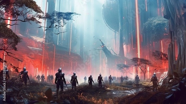 Fototapeta A group of elven rebels fighting against a dystopian sci-fi empire . Fantasy concept , Illustration painting. Generative Ai