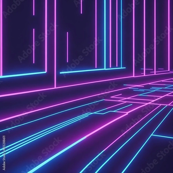 Obraz 3d render, abstract minimal neon background, pink blue neon lines going up, glowing in ultraviolet spectrum.