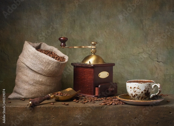 Fototapeta Still life with cup of coffee and grinder