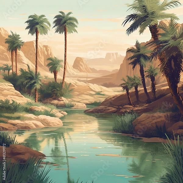 Fototapeta Desert Oasis Illustration for Midjourney AI: Peaceful Palms and Cool Waters