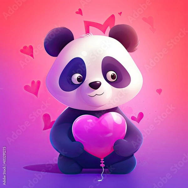 Fototapeta Loveable Cartoon Panda with Heart Balloon