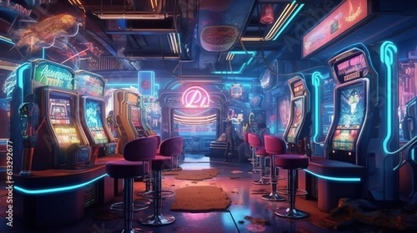 Fototapeta A futuristic casino filled with high-tech gambling machines . Fantasy concept , Illustration painting. Generative Ai