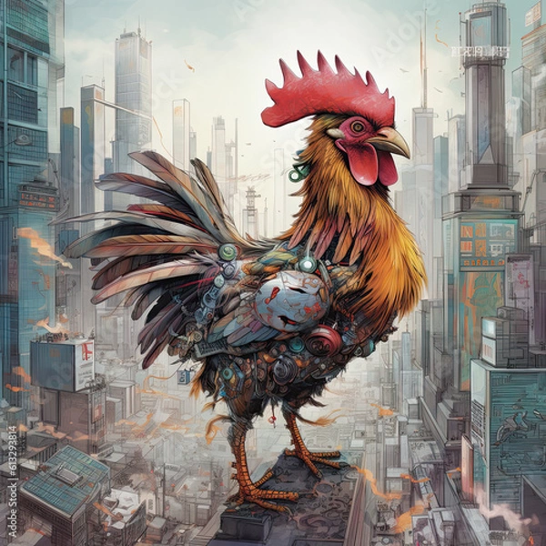 Fototapeta Mechanical Rooster in a Modern City
