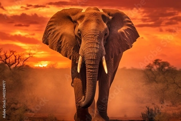 Fototapeta High-definition Image of Majestic Elephant Under African Sunset: Showcasing the Grandeur of Wildlife with Full-frame DSLR and Telephoto Lens generative AI