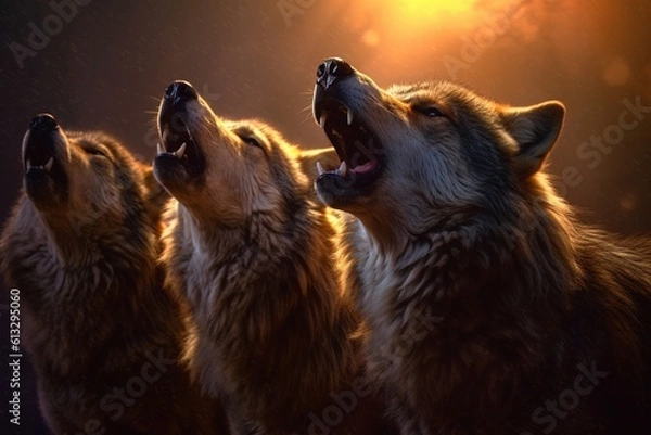 Fototapeta Pack of Wolves Howling Under Full Moon: Evoking the Wild and Untamed Spirit of Nature generative AI