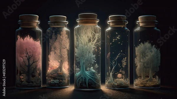 Fototapeta Ethereal Scenery: A Series of Fantasy Object Illustrations in Mood Inside Glass Bottles, Created with Generative AI