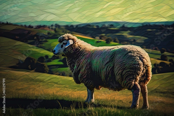 Fototapeta Fluffy Sheep on Rolling Hills
