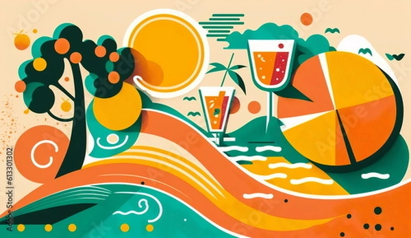 Obraz Conceptual stylized image on a summer theme with a sun lounger, orange, cocktails,abstract bright shapes.Generative AI
