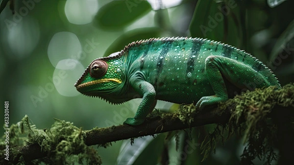 Fototapeta Chameleon Climbing a Tree in a Verdant Forest