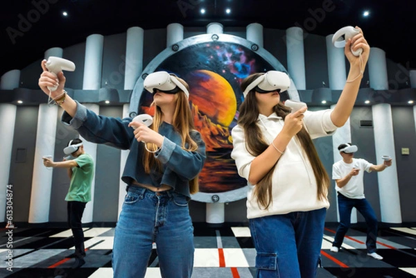 Obraz A team of friends interacting with VR