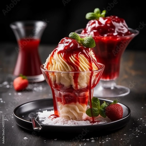 Fototapeta Indulge in Exquisite Delights: Luxurious Spaghetti Ice Cream Cup with Tempting Strawberry Sauce