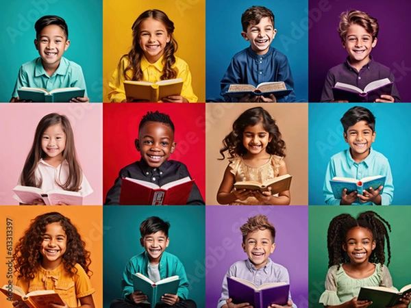 Obraz Kolaż Happy Multi Ethnic Kids of Reading Books na kolorowych tłach. Umiejętność, włączenie, koncepcja różnorodności