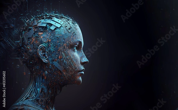 Obraz Humanoid head with neural network thinking. Generated AI
