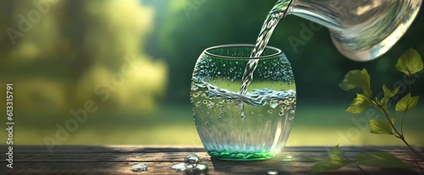 Fototapeta Save nature. Water is poured into a glass. Banner. Copy space. created by AI