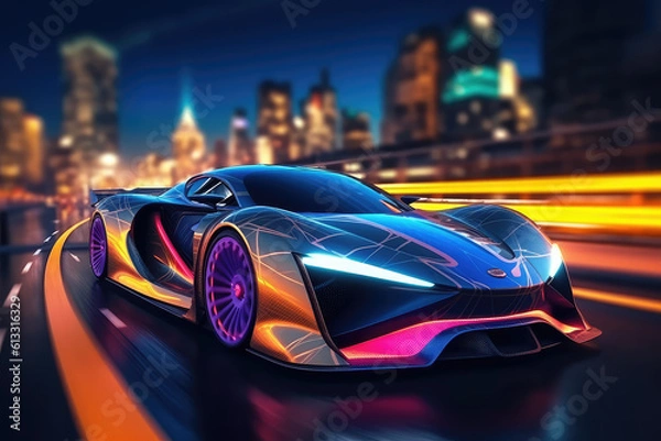 Fototapeta Sports car of the future on the road in motion, speed and transport. Sports car on the background of the city neon light. generative ai