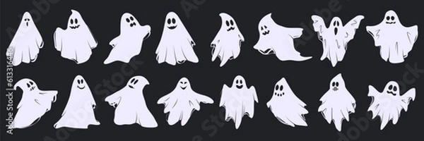Fototapeta Set of cloth Ghosts. Flying Phantoms. Halloween scary ghostly monsters. Mysterious night shadows characters. Isolated vector illustration EPS10