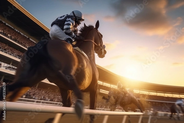 Fototapeta Horse racing, betting on equestrian sports. An equestrian. Many horses are competing, running against the background of the sunset. generative ai